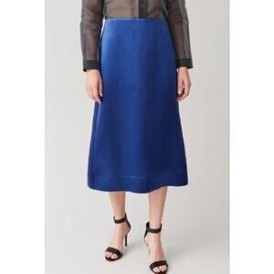 new COS blue Mulberry Silk Mix A Line satin cobalt knee length midi skirt